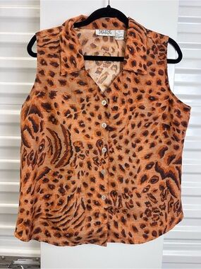 Selene Sport Orange Leopard Print Sleeveless Button-Front Camisole